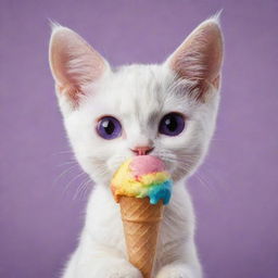 Create an adorable cat with notably large ears, captivating purple eyes, and a small nose, charmingly enjoying a scoop of rainbow-colored ice cream.