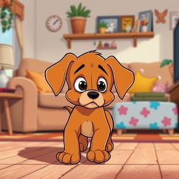 A brown puppy walking sadly through a living room in the style of classic cartoon characters like Tom and Jerry, with its big expressive eyes showing a sense of melancholy