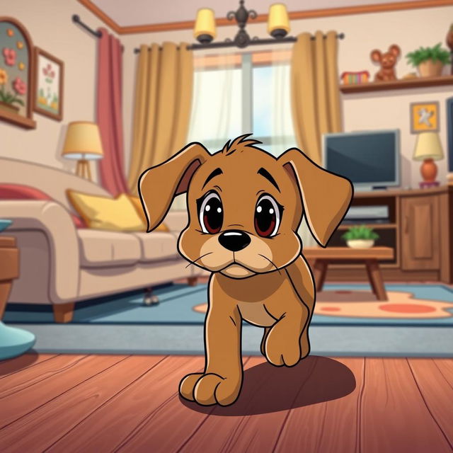 A brown puppy walking sadly through a living room in the style of classic cartoon characters like Tom and Jerry, with its big expressive eyes showing a sense of melancholy