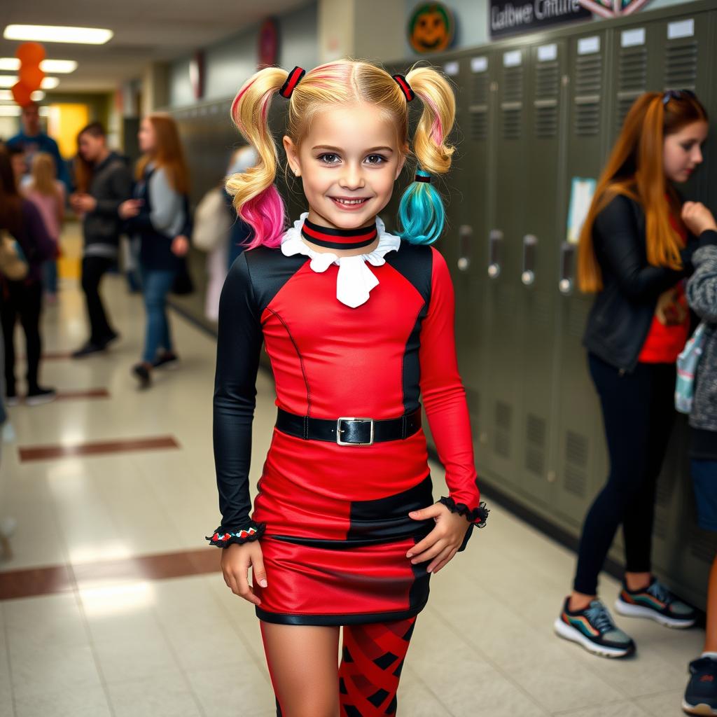 A young girl dressed as Harley Quinn, wearing a fitted red and black outfit, complete with a stylish short skirt, at her school