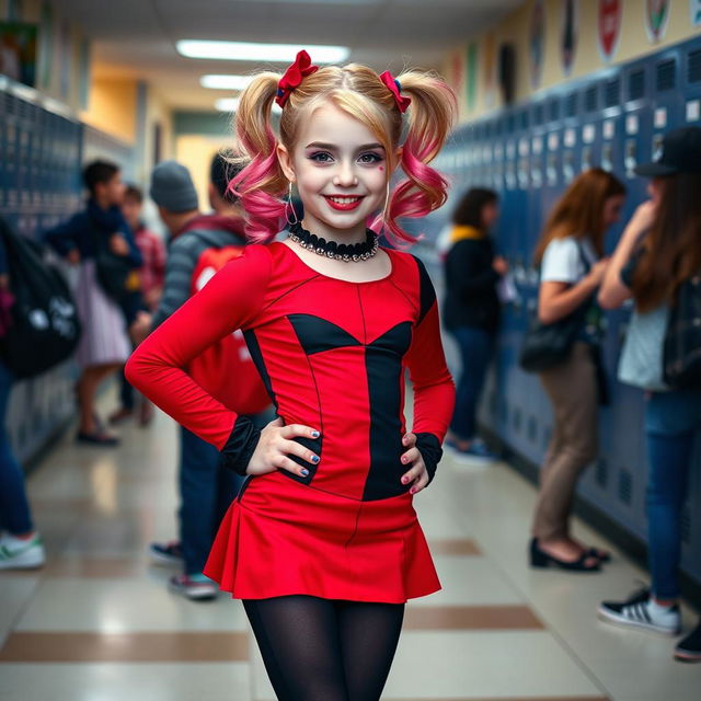 A young girl dressed as Harley Quinn, wearing a fitted red and black outfit, complete with a stylish short skirt, at her school