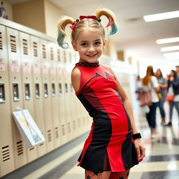 A young girl dressed as Harley Quinn, wearing a fitted red and black outfit, complete with a stylish short skirt, at her school