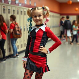 A young girl dressed as Harley Quinn, wearing a fitted red and black outfit, complete with a stylish short skirt, at her school