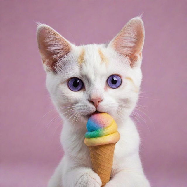 Create an adorable cat with notably large ears, captivating purple eyes, and a small nose, charmingly enjoying a scoop of rainbow-colored ice cream.