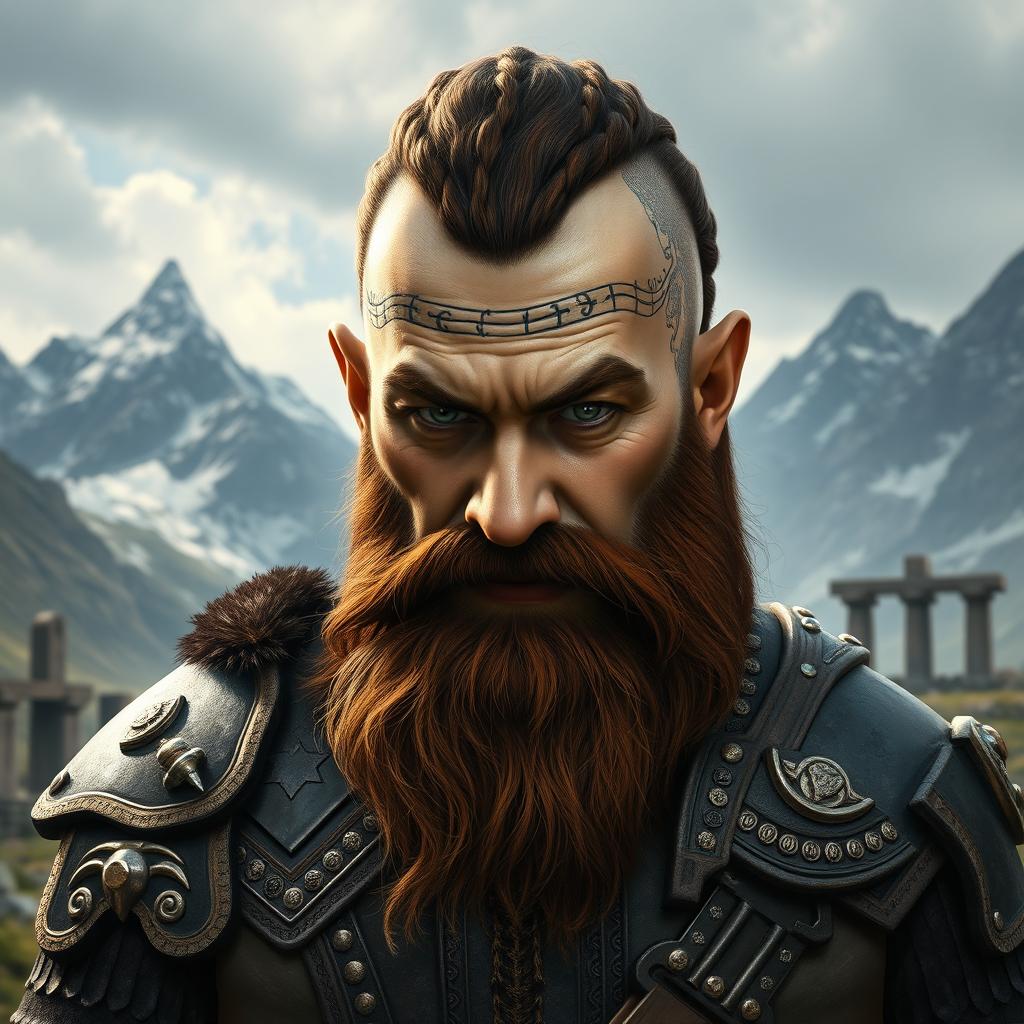 A tall dwarf with dark reddish-brown slightly braided shaved hair and a braided beard, donning ornate Viking armor without a helmet