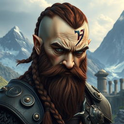 A tall dwarf with dark reddish-brown slightly braided shaved hair and a braided beard, donning ornate Viking armor without a helmet