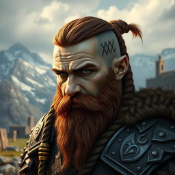 A tall dwarf with dark reddish-brown slightly braided shaved hair and a braided beard, donning ornate Viking armor without a helmet