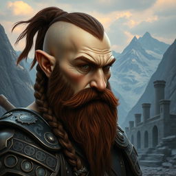 A tall dwarf with dark reddish-brown slightly braided shaved hair and a braided beard, donning ornate Viking armor without a helmet