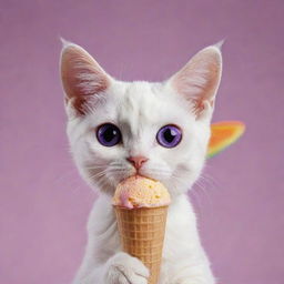 Create an adorable cat with notably large ears, captivating purple eyes, and a small nose, charmingly enjoying a scoop of rainbow-colored ice cream.