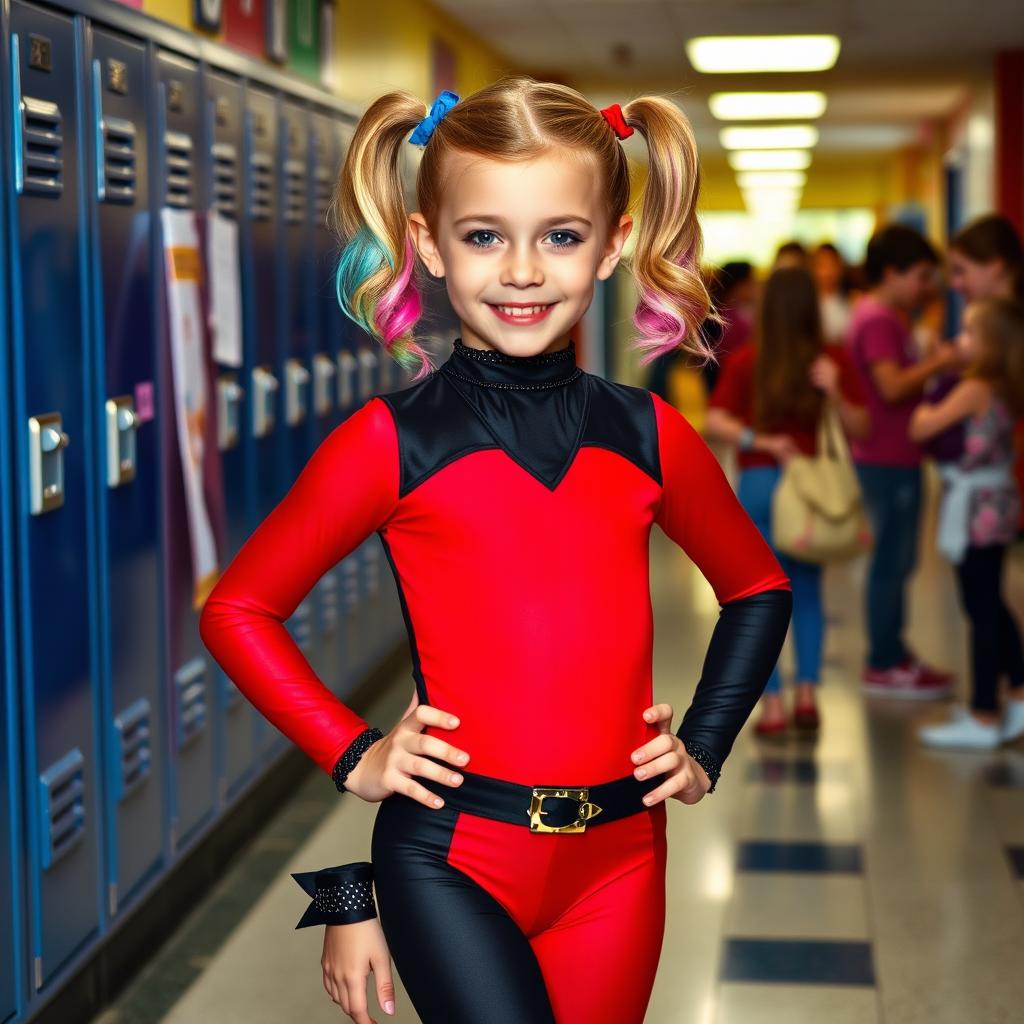 A young girl dressed as Harley Quinn, wearing a fitted red and black leotard, at her school