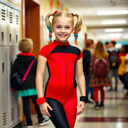 A young girl dressed as Harley Quinn, wearing a fitted red and black leotard, at her school