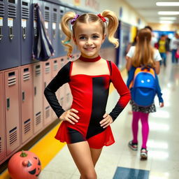 A young girl dressed as Harley Quinn, wearing a fitted red and black leotard, at her school