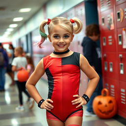 A young girl dressed as Harley Quinn, wearing a fitted red and black leotard, at her school