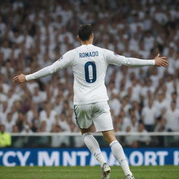 Cristiano Ronaldo, the legendary footballer, in his Real Madrid kit, poised to strike the ball at Santiago Bernabeu Stadium, with cheering fans in the background.