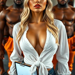 An extreme close-up shot focusing on the chest and torso of a gorgeous blonde woman wearing a white blouse that's tied in front, accentuating her large chest and visible cleavage