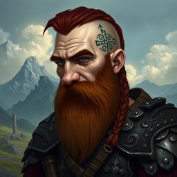 A tall dwarf depicting dark reddish-brown slightly braided shaved hair and a braided beard, clad in elaborately detailed Viking armor without a helmet