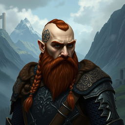 A tall dwarf depicting dark reddish-brown slightly braided shaved hair and a braided beard, clad in elaborately detailed Viking armor without a helmet