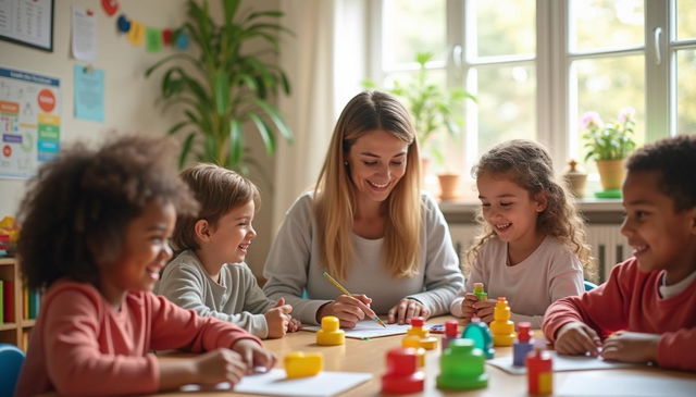 A warm and welcoming scene depicting a beautifully decorated classroom filled with colorful educational materials