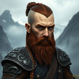 A tall dwarf with dark reddish-brown slightly braided shaved hair and a beautifully braided beard, adorned in intricate Viking armor without a helmet