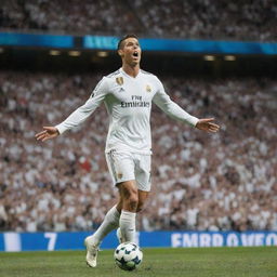 Cristiano Ronaldo, the legendary footballer, in his Real Madrid kit, poised to strike the ball at Santiago Bernabeu Stadium, with cheering fans in the background.