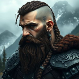 A tall dwarf with dark reddish-brown slightly braided shaved hair and a beautifully braided beard, adorned in intricate Viking armor without a helmet