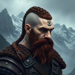 A tall dwarf with dark reddish-brown slightly braided shaved hair and a beautifully braided beard, adorned in intricate Viking armor without a helmet