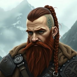 A tall dwarf with dark reddish-brown slightly braided shaved hair and a beautifully braided beard, adorned in intricate Viking armor without a helmet