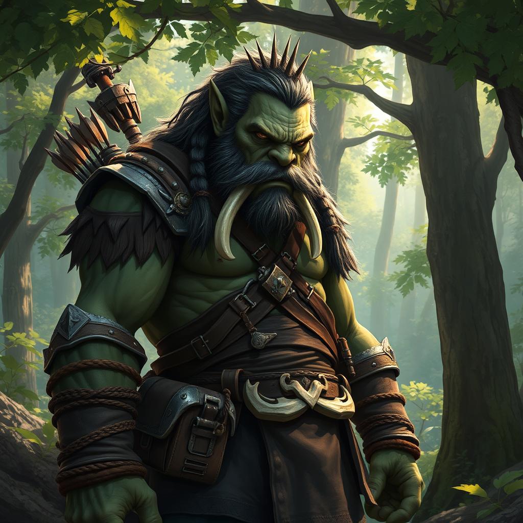 A towering half-orc ranger, standing at 2 meters tall, with rugged features and a strong physique, surrounded by a lush forest backdrop