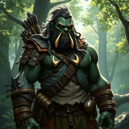 A towering half-orc ranger, standing at 2 meters tall, with rugged features and a strong physique, surrounded by a lush forest backdrop