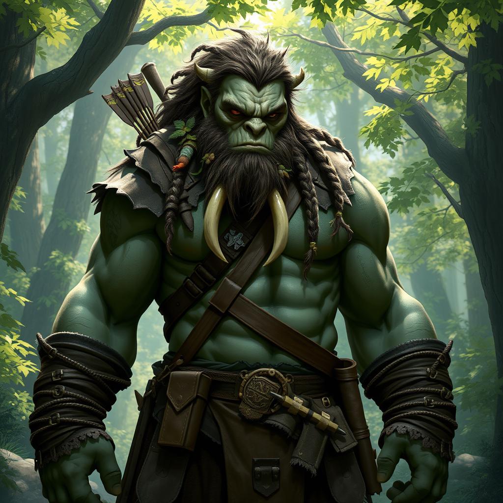 A towering half-orc ranger, standing at 2 meters tall, with rugged features and a strong physique, surrounded by a lush forest backdrop