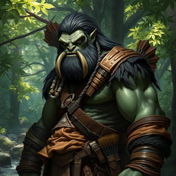 A towering half-orc ranger, standing at 2 meters tall, with rugged features and a strong physique, surrounded by a lush forest backdrop