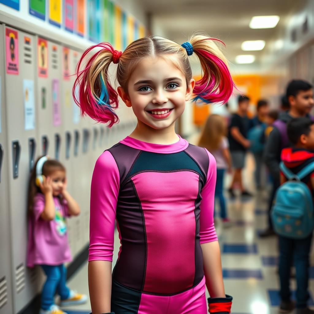 A young girl dressed as Harley Quinn from the 2016 movie, wearing a fitted pink and black leotard, at her school