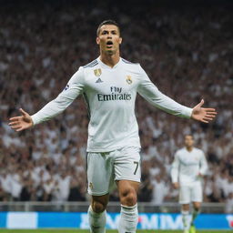 Cristiano Ronaldo, the legendary footballer, in his Real Madrid kit, poised to strike the ball at Santiago Bernabeu Stadium, with cheering fans in the background.