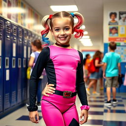 A young girl dressed as Harley Quinn from the 2016 movie, wearing a fitted pink and black leotard, at her school