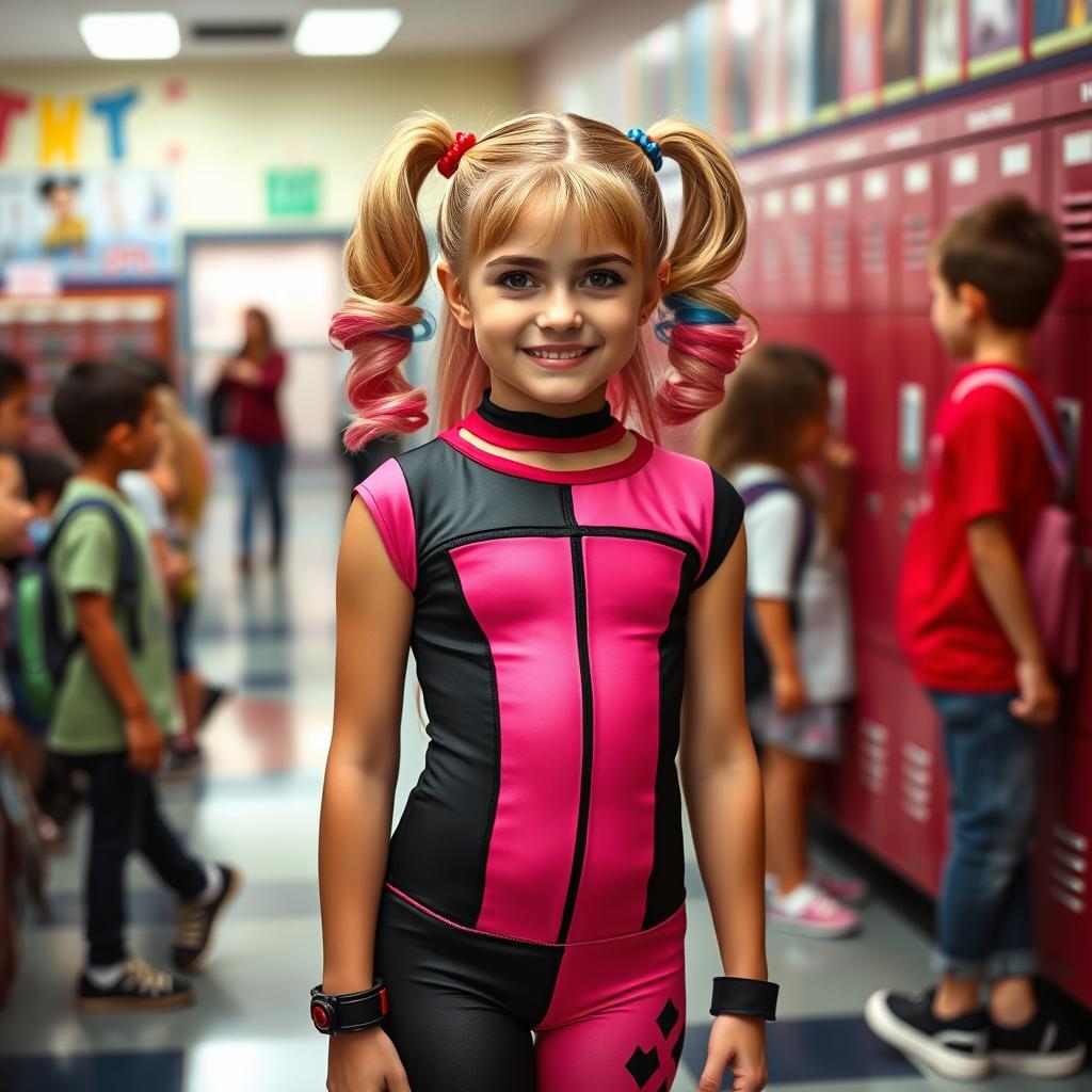 A young girl dressed as Harley Quinn from the 2016 movie, wearing a fitted pink and black leotard, at her school