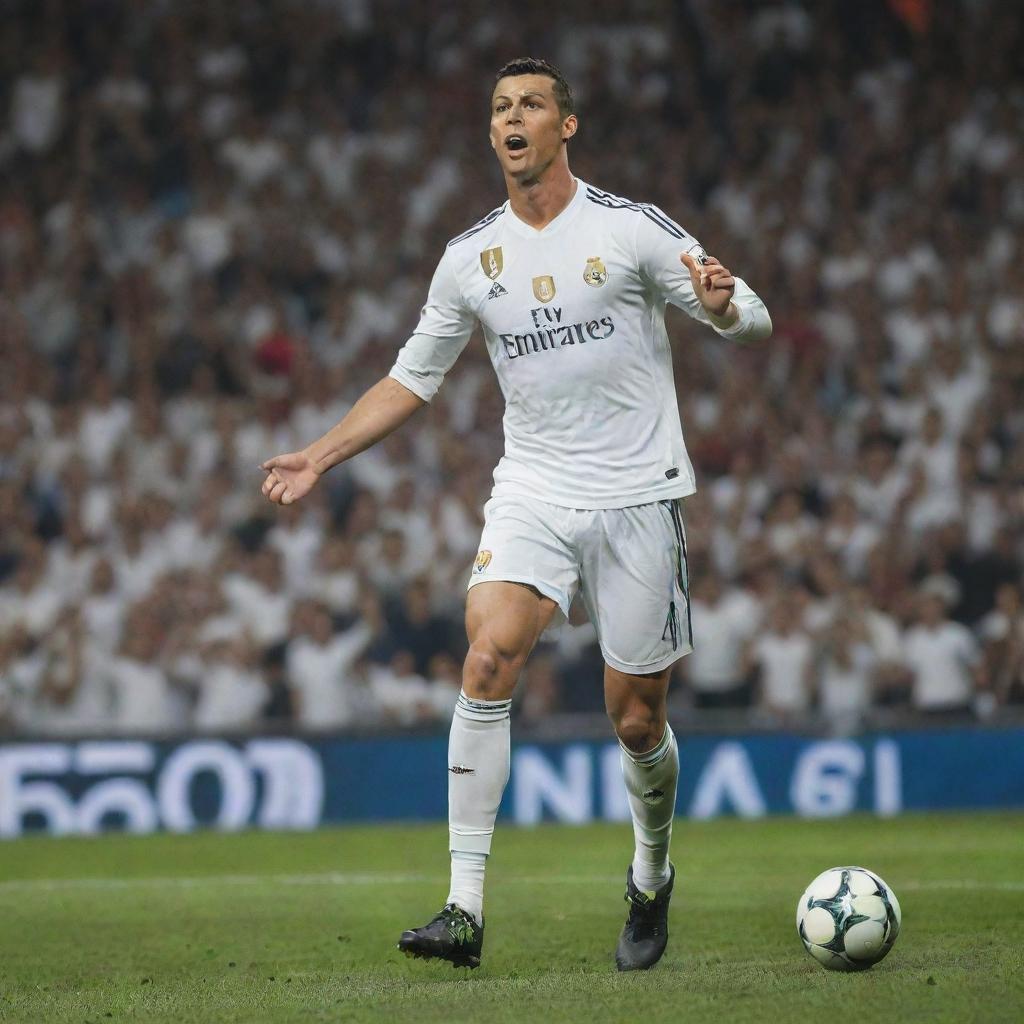 Cristiano Ronaldo, the legendary footballer, in his Real Madrid kit, poised to strike the ball at Santiago Bernabeu Stadium, with cheering fans in the background.