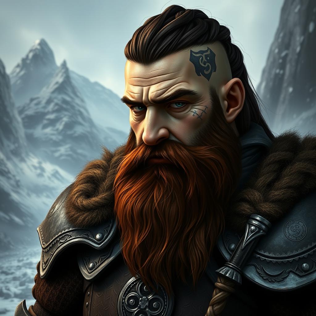 A tall dwarf with dark reddish-brown slightly braided shaved hair and a braided beard, wearing intricately designed Viking armor without a helmet