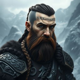 A tall dwarf with dark reddish-brown slightly braided shaved hair and a braided beard, wearing intricately designed Viking armor without a helmet