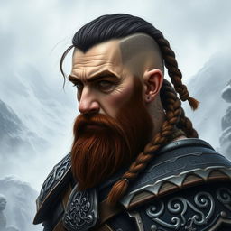 A tall dwarf with dark reddish-brown slightly braided shaved hair and a braided beard, wearing intricately designed Viking armor without a helmet