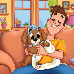 In the style of classic cartoons like Tom and Jerry, a brown puppy drenched from the rain is being held in the arms of its owner, who is sitting on a cozy sofa