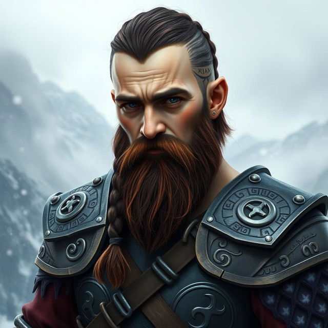 A tall dwarf with dark reddish-brown slightly braided shaved hair and a braided beard, wearing intricately designed Viking armor without a helmet