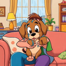 In the style of classic cartoons like Tom and Jerry, a brown puppy drenched from the rain is being held in the arms of its owner, who is sitting on a cozy sofa