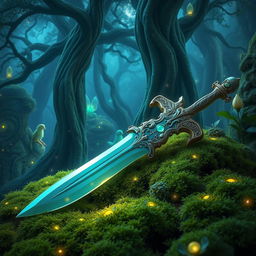 A mystical and enchanting magic sword resting on a bed of softly glowing moss in a dense, magical forest