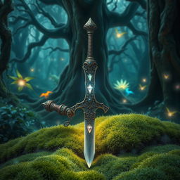 A mystical and enchanting magic sword resting on a bed of softly glowing moss in a dense, magical forest