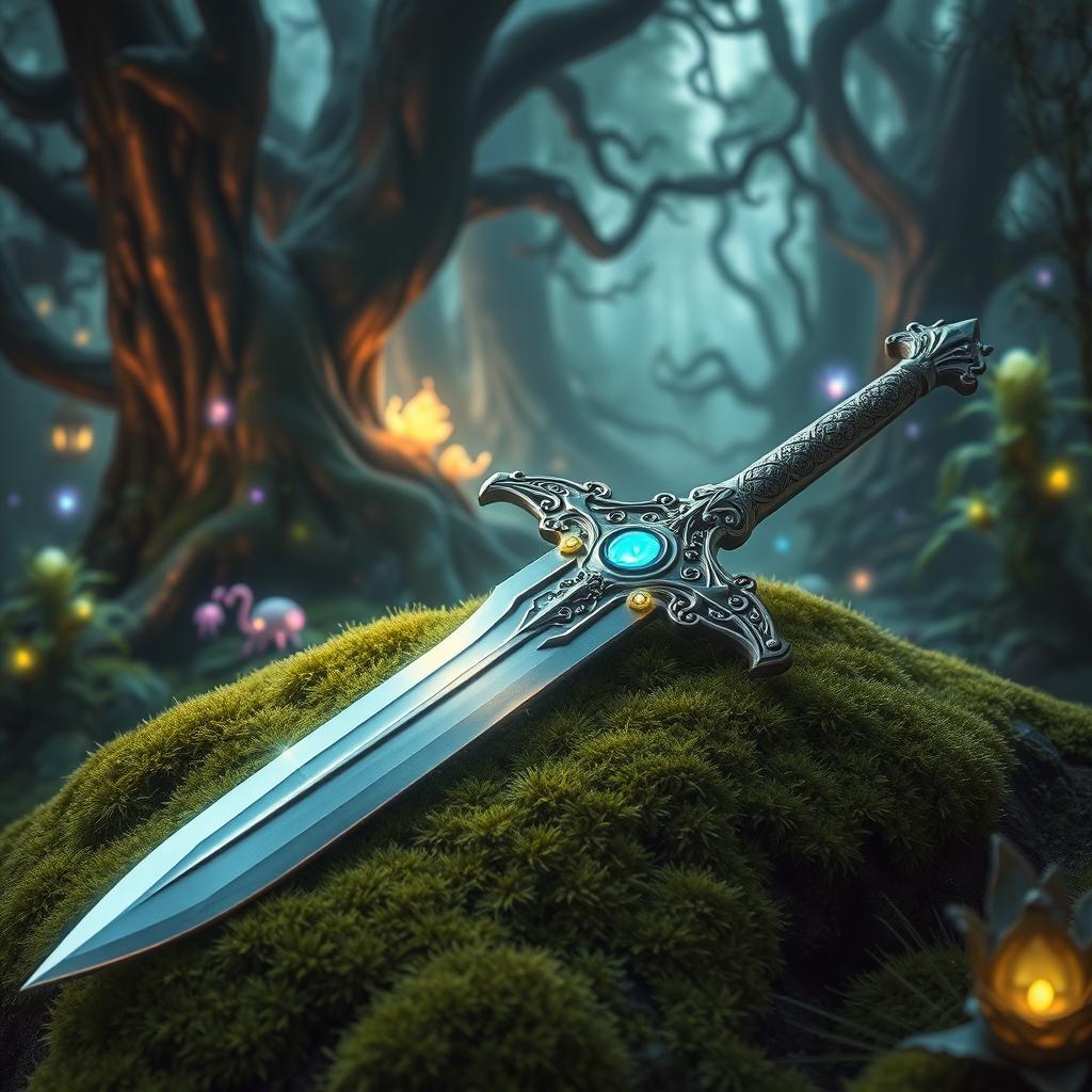 A mystical and enchanting magic sword resting on a bed of softly glowing moss in a dense, magical forest