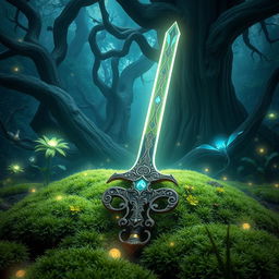 A mystical and enchanting magic sword resting on a bed of softly glowing moss in a dense, magical forest