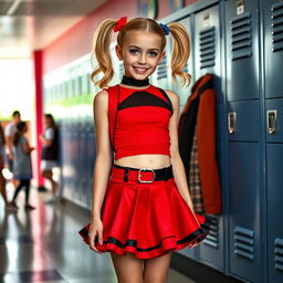 A young girl styled as Harley Quinn, wearing a fashionable mini skirt in red and black, set in her school environment