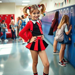 A young girl styled as Harley Quinn, wearing a fashionable mini skirt in red and black, set in her school environment