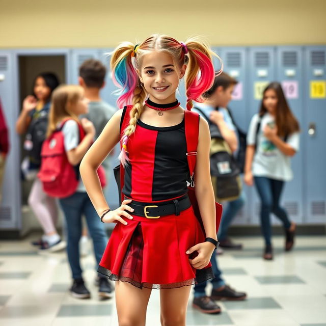 A young girl styled as Harley Quinn, wearing a fashionable mini skirt in red and black, set in her school environment