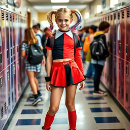 A young girl styled as Harley Quinn, wearing a fashionable mini skirt in red and black, set in her school environment